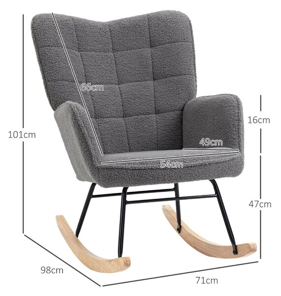HOMCOM houpací křeslo – polstrované křeslo s berberským fleecem, dřevěné běhouny, ergonomické opěradlo a područky, do obýváku i ložnice, nosnost 120 k
