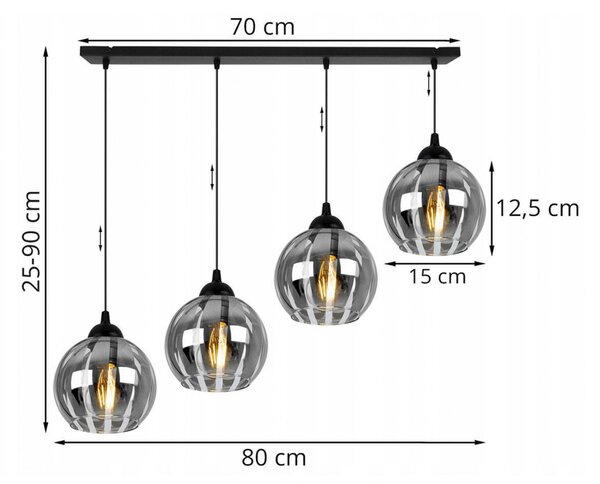 Light for home - Závěsné svítidlo na liště se čtyřmi skleněnými stínidly ELIZA 1987/4/C/70L, 3x60W, E27, Černá