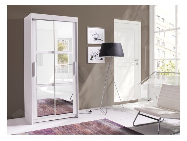 Šatní skříň100 cm s posuvnými dveřmi a zrcadlem ALBERTA - bílá