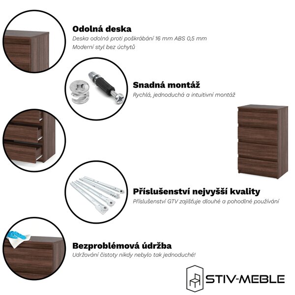 STIV Möbel | Komoda se 4 zásuvkami | Dub Wenge | 60 cm | moderní & bezúchytková | do ložnice a obýváku