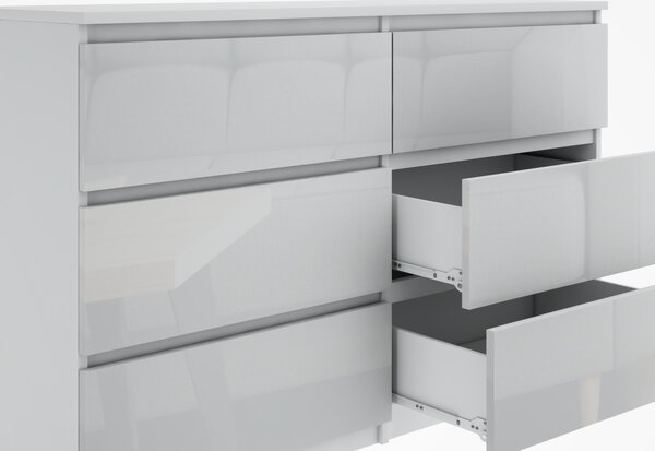 Krásná moderní komoda 120 cm se 6 zásuvkami v bílé barvě FURNIFY