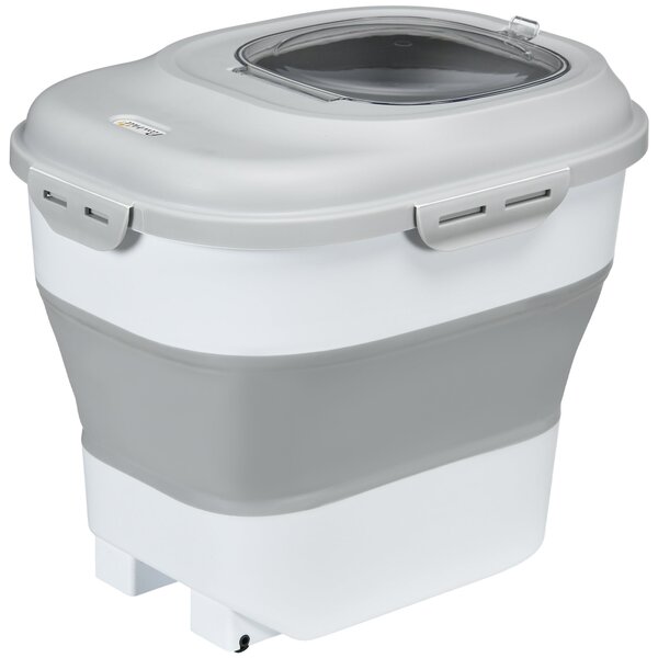 PawHut Úložný box na granule pro psy, skládací kontejner o objemu 25 L s odměrkou, miskou a lžičkou na suché krmivo pro psy a kočky, s kolečky | Aosom