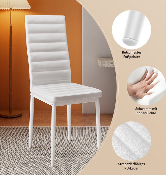 Bealife TB41C Jídelní židle sPolyuretankůží, kuchyňská židle s vysokým opěradlem, čalouněná židle s ergonomickým designem - sada 6 kusů, bílá