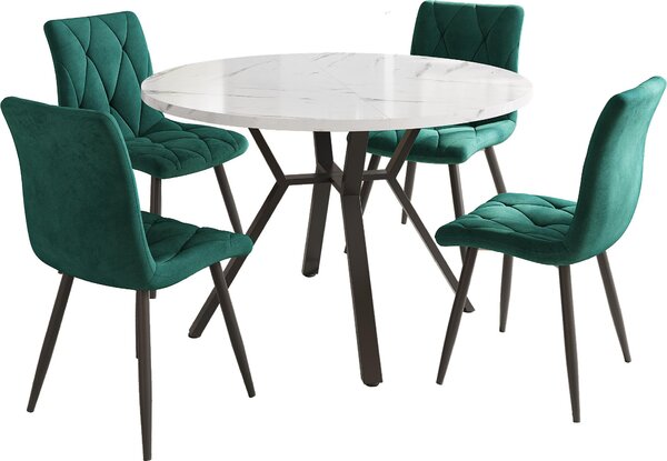 Sada jídelního stolu a židlí Fortuna Lai (5dílná), moderní, jednoduchá sada jídelního stolu a židlí z mramoru, nohy stolu z černého kovu + 4 ergonomické židle ze zeleného semiše