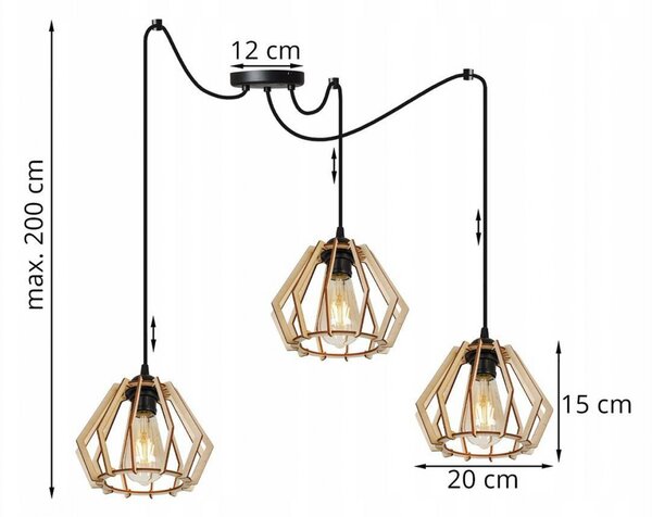 Light for home - Dřevěné závěsné svítidlo "Pavouk" s geometrickými stínidly SPIDER TIMBER 2360/3, 3x60W, E27, Černá