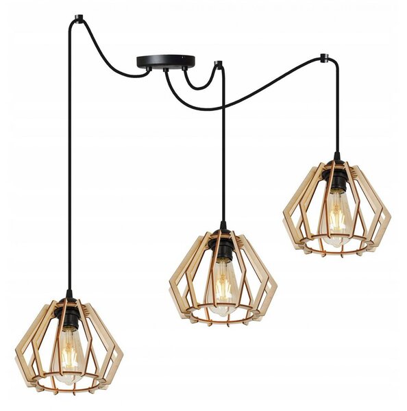 Light for home - Dřevěné závěsné svítidlo "Pavouk" s geometrickými stínidly SPIDER TIMBER 2360/3, 3x60W, E27, Černá