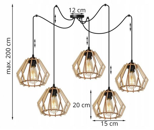 Light for home - Moderní závěsné svítidlo s dřevěnými stínidly SPIDER TIMBER 2360/5, E27, Černá