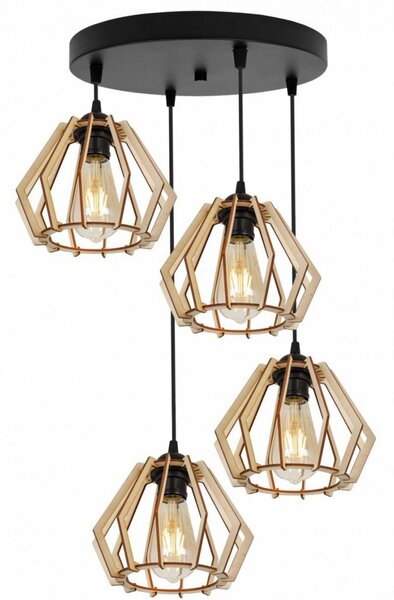 Light for home - Dřevěná závěsná lampa na kulaté kovové základně s čtyřmi dřevěnými stínidly TIMBER 2360/4/OW, 4x60W, E27, Černá