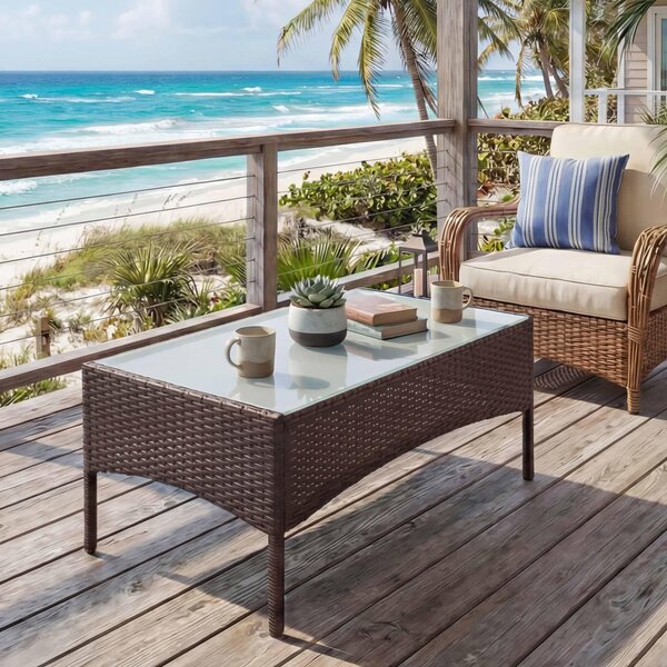 Poly-Rattan Garden Table Halden, Boní stolek se sklennou deskou hndá skvrnitá