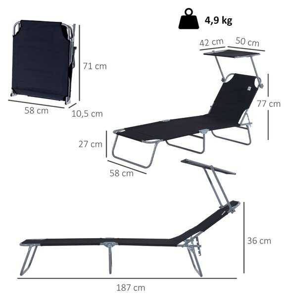Skládací sluneční lehátko Outsunny se sluneční ochranou a nastavitelním opěrátkem v 4 polohách, nosnost až 120 kg, vhodné na zahradu, balkon a k bazén