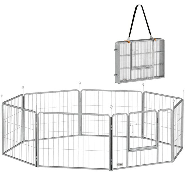 PawHut ohrádka pro štěňata 8-dílná s 8 mřížkovými panely, dveřmi, zemními hroty, flexibilní ochrannou plachtou, 60 cm vysoká ohrádka pro psy a kočky n