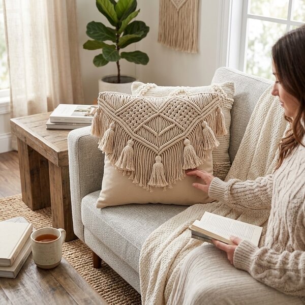 Béžový polštář s drhaným vzorem a střapci Macramé Cosy - 45*17*45 cm - J-Line by Jolipa