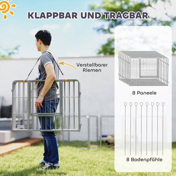 PawHut ohrádka pro štěňata 8-dílná s 8 mřížkovými panely, dveřmi, zemními hroty, flexibilní ochrannou plachtou, 60 cm vysoká ohrádka pro psy a kočky n