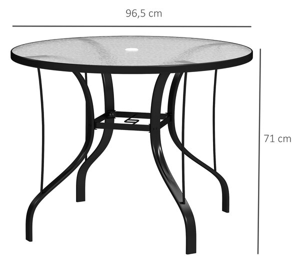 Zahradní stůl Outsunny s otvorem pro slunečník a skleněnou deskou, 96,5x71 cm, černý | Aosom