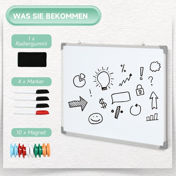 HOMCOM Magnetická bílá tabule s 4 fixy, 1 gumou, 10 magnety, stojan, připevnitelné na zeď, snadno omyvatelná, 90 x 1,8 x 60 cm | Aosom