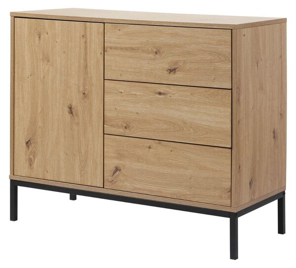 CALICOSY – Komoda s 1 dvířky a 3 zásuvkami, vzhled dubu, šířka 90 x výška 80 cm – LENNY