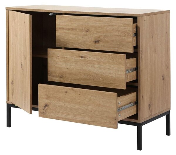 CALICOSY – Komoda s 1 dvířky a 3 zásuvkami, vzhled dubu, šířka 90 x výška 80 cm – LENNY