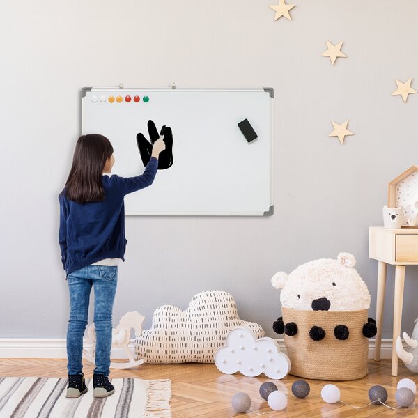 HOMCOM Magnetická bílá tabule s 4 fixy, 1 gumou, 10 magnety, stojan, připevnitelné na zeď, snadno omyvatelná, 90 x 1,8 x 60 cm | Aosom