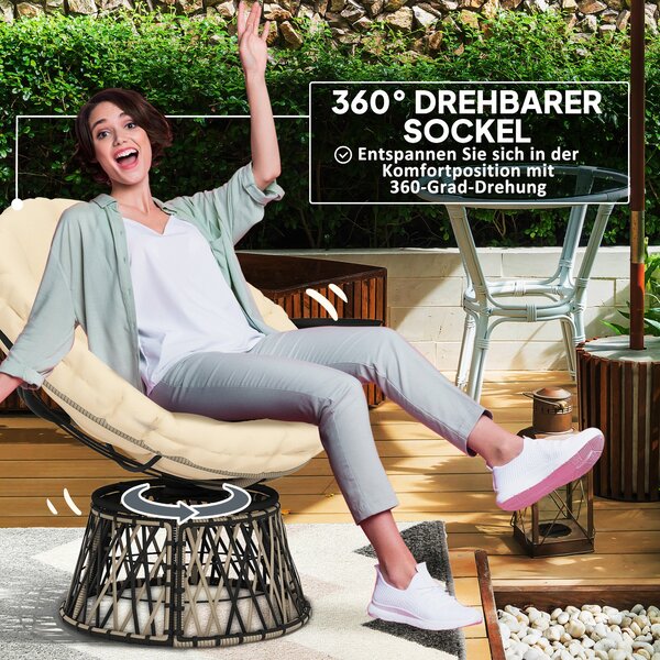 Outsunny Papasan křeslo Rattan 360° otočné křeslo s polštářem průměr 90 cm kulaté venkovní rattanové křeslo otočné lehátko pro obývací pokoj zahradu b