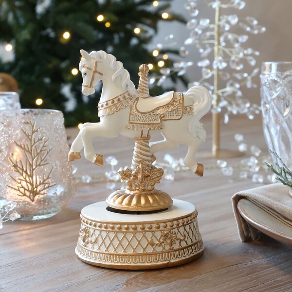 Krémová sntik hudební skříňka Noël s koníkem – 12*11*17,5 cm - Chic Antique