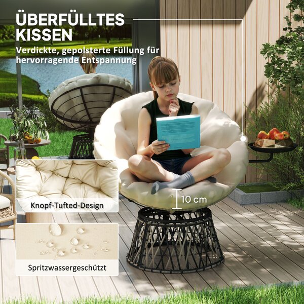 Outsunny Papasan křeslo Rattan 360° otočné křeslo s polštářem průměr 90 cm kulaté venkovní rattanové křeslo otočné lehátko pro obývací pokoj zahradu b