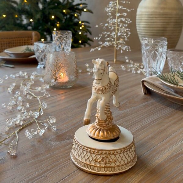 Krémová sntik hudební skříňka Noël s koníkem – 12*11*17,5 cm - Chic Antique