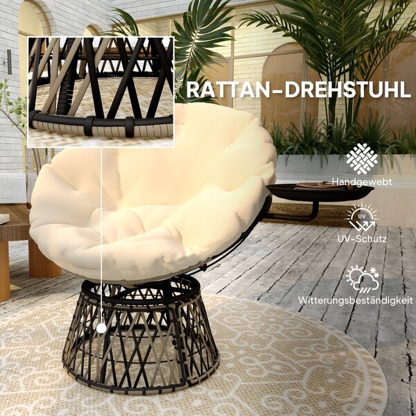 Outsunny Papasan křeslo Rattan 360° otočné křeslo s polštářem průměr 90 cm kulaté venkovní rattanové křeslo otočné lehátko pro obývací pokoj zahradu b