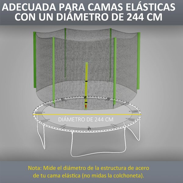 SPORTNOW Ochranná síť pro trampolínu 244 cm - Kulatá Ochranná síť pro venkovní trampolíny s 6 vertikálními sloupky Zelená | Aosom