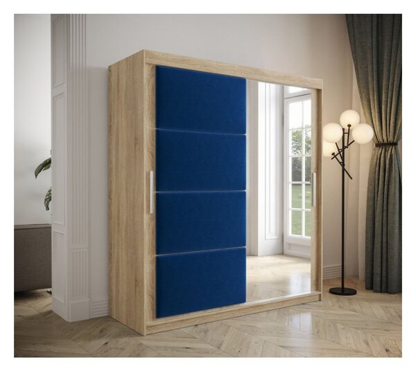 Šatní skříň s posuvnými dveřmi 180 cm TALIA - dub sonoma / modrá