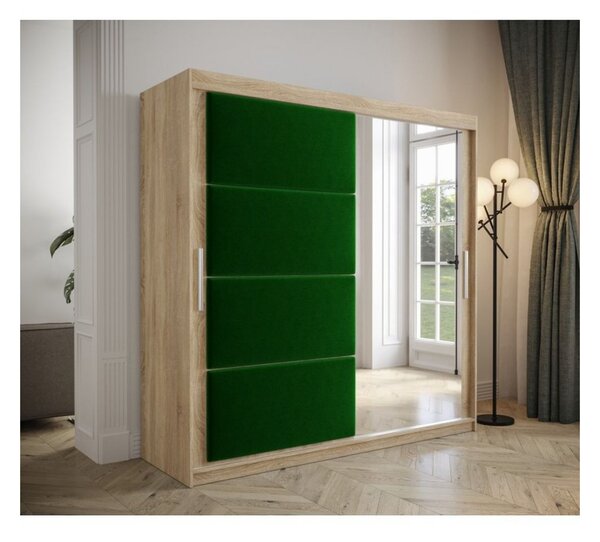 Šatní skříň s posuvnými dveřmi 200 cm TALIA - dub sonoma / zelená