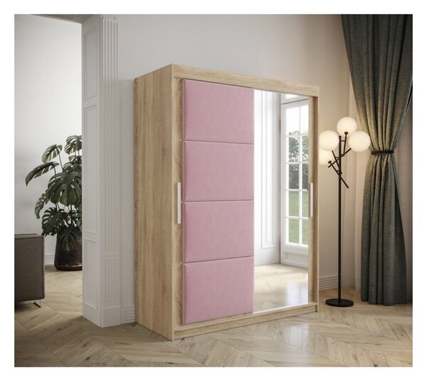 Šatní skříň s posuvnými dveřmi 150 cm TALIA - dub sonoma / růžová