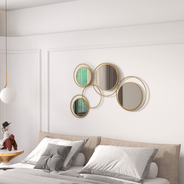 HOMCOM 3D Kovové Dekorativní Nástěnné Zrcadlo se 4 Kulatými Zrcadly pro Obývací Pokoj, Ložnici a Chodbu 110x68 cm Zlaté | Aosom