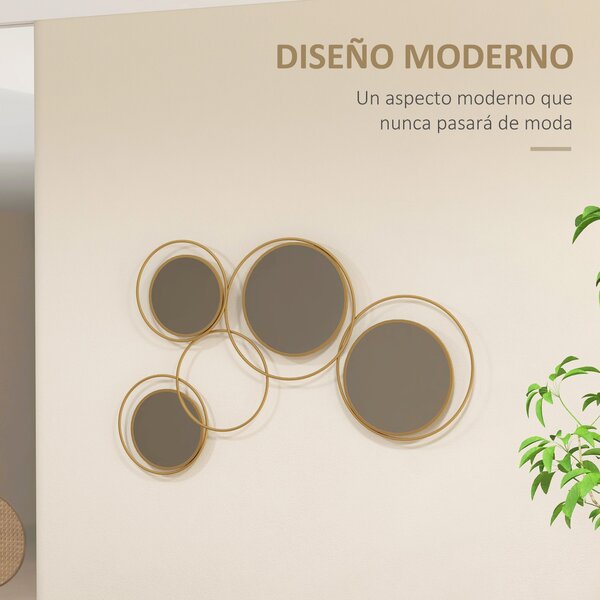 HOMCOM 3D Kovové Dekorativní Nástěnné Zrcadlo se 4 Kulatými Zrcadly pro Obývací Pokoj, Ložnici a Chodbu 110x68 cm Zlaté | Aosom