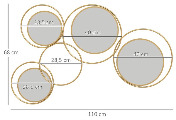 HOMCOM 3D Kovové Dekorativní Nástěnné Zrcadlo se 4 Kulatými Zrcadly pro Obývací Pokoj, Ložnici a Chodbu 110x68 cm Zlaté | Aosom