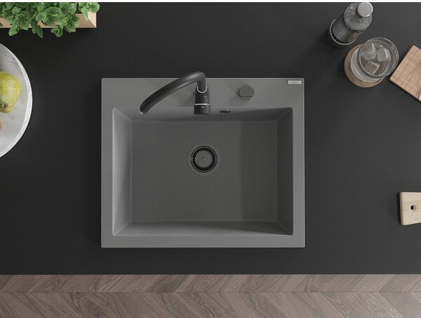 Mexen Elix, 1-komorový granitový dřez 600 x 500 mm, šedý, černý sifon - 6525601005-71-B