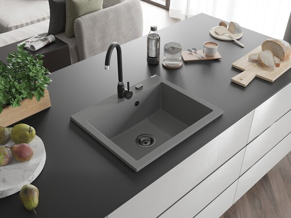 Mexen Elix, 1-komorový granitový dřez 600 x 500 mm, šedý, černý sifon - 6525601005-71-B