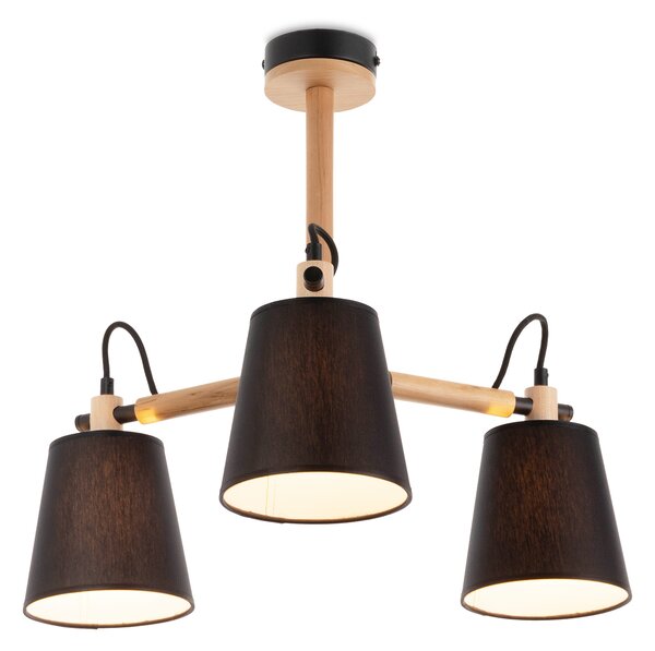 Light for home - Skandinávský Lustr s Třemi Rameny na Tyči 60433 "SYMPHONY", 3X40W, E14, černá, přírodní olše