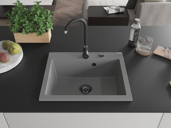 Mexen Elix, 1-komorový granitový dřez 600 x 500 mm, šedý, černý sifon - 6525601005-71-B