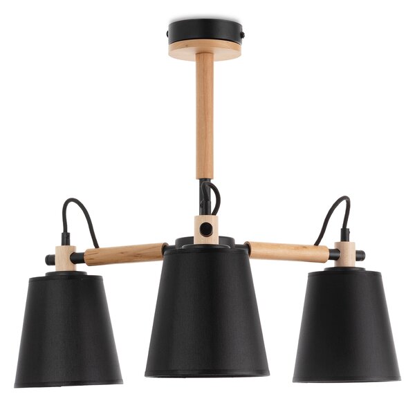 Light for home - Skandinávský Lustr s Třemi Rameny na Tyči 60433 "SYMPHONY", 3X40W, E14, černá, přírodní olše