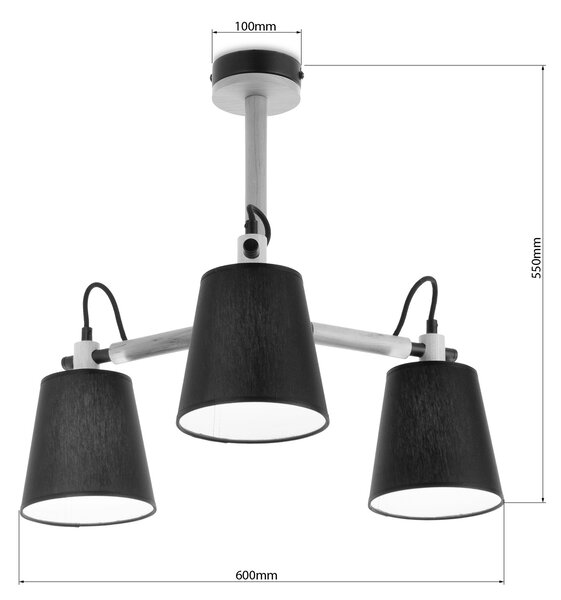Light for home - Skandinávský Lustr s Třemi Rameny na Tyči 60433 "SYMPHONY", 3X40W, E14, černá, přírodní olše