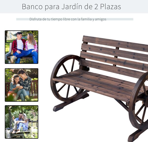 Outsunny Zahradní Lavice Dřevěná Rustikální Lavice s Kolečkovými Opěrkami Wagon Wheel Lavice Venkovní Lavice Terasová Lavice Parková Lavice z Masivníh