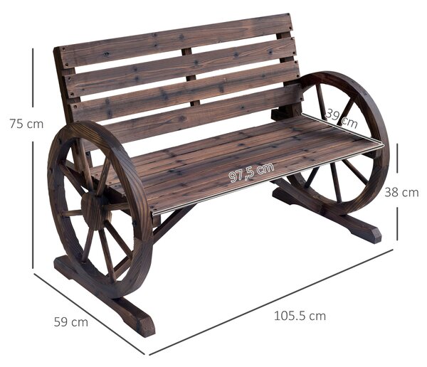 Outsunny Zahradní Lavice Dřevěná Rustikální Lavice s Kolečkovými Opěrkami Wagon Wheel Lavice Venkovní Lavice Terasová Lavice Parková Lavice z Masivníh