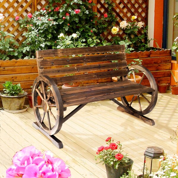Outsunny Zahradní Lavice Dřevěná Rustikální Lavice s Kolečkovými Opěrkami Wagon Wheel Lavice Venkovní Lavice Terasová Lavice Parková Lavice z Masivníh