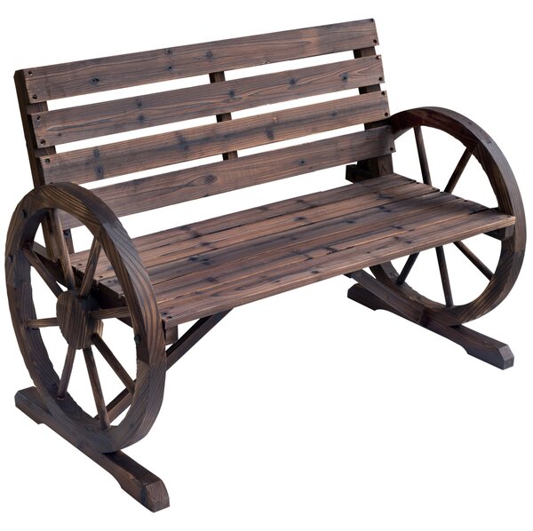 Outsunny Zahradní Lavice Dřevěná Rustikální Lavice s Kolečkovými Opěrkami Wagon Wheel Lavice Venkovní Lavice Terasová Lavice Parková Lavice z Masivníh