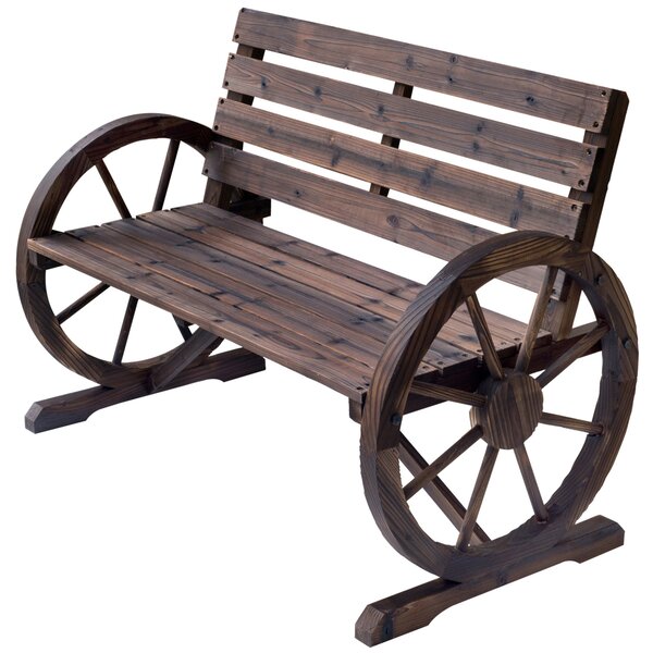 Outsunny Zahradní Lavice Dřevěná Rustikální Lavice s Kolečkovými Opěrkami Wagon Wheel Lavice Venkovní Lavice Terasová Lavice Parková Lavice z Masivníh