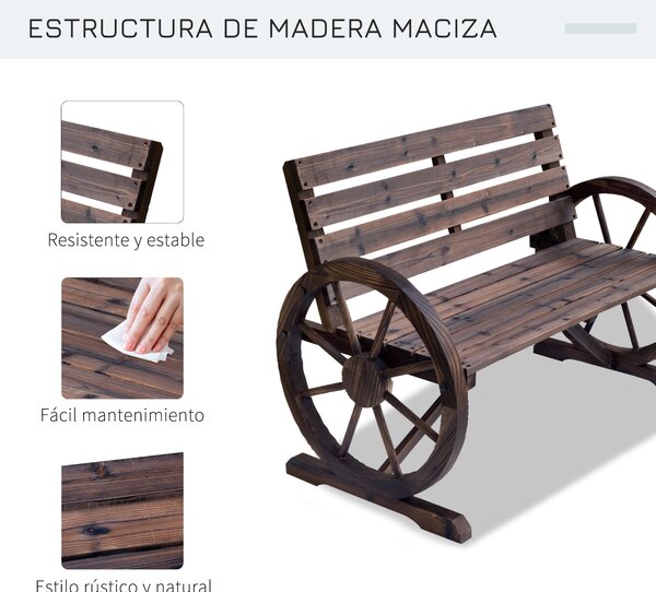 Outsunny Zahradní Lavice Dřevěná Rustikální Lavice s Kolečkovými Opěrkami Wagon Wheel Lavice Venkovní Lavice Terasová Lavice Parková Lavice z Masivníh
