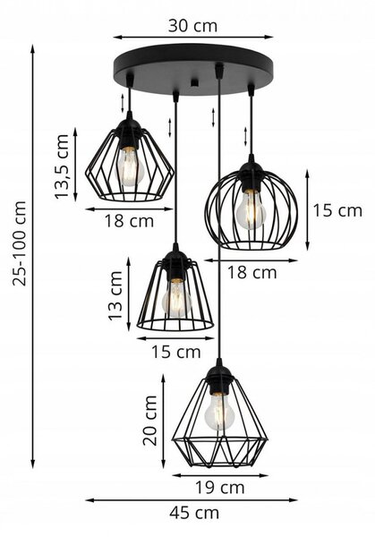 Light for home - Černé závěsné světlo s originálními kovovými stínidlami EDISON 1502/4/OW/MIX, E27, Černá