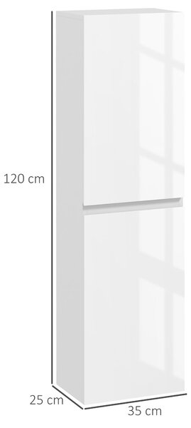 Kleankin Vysoká Koupelnová Skříňka, Skříňka s Lesklým Povrchem, Nastavitelné Police, 2 Skříňky, Úložný Stojan do Koupelny, 35 x 25 x 120 cm, Bílý Lesk
