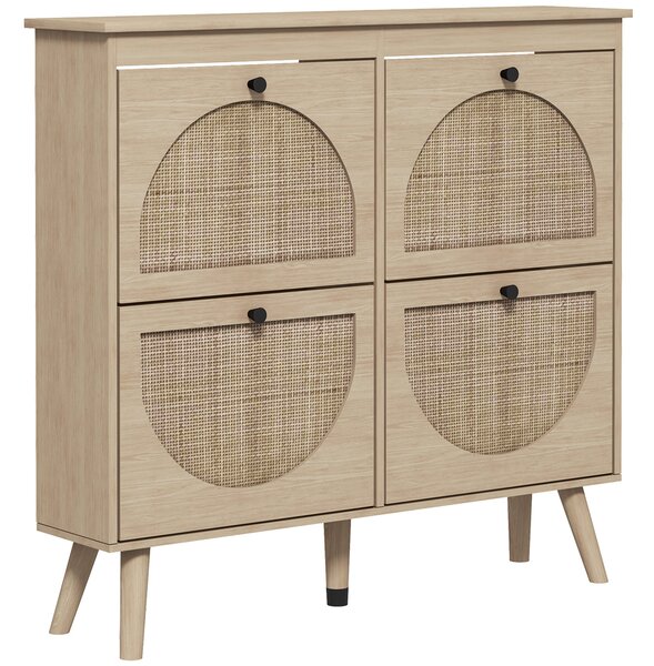 HOMCOM Botník se 4 skládacími zásuvkami pro 20 párů obuvi s nastavitelnou policí, bohémský styl, nohy z masivního dřeva, 105 x 24 x 97,5 cm Přírodní |