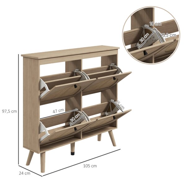 HOMCOM Botník se 4 skládacími zásuvkami pro 20 párů obuvi s nastavitelnou policí, bohémský styl, nohy z masivního dřeva, 105 x 24 x 97,5 cm Přírodní |